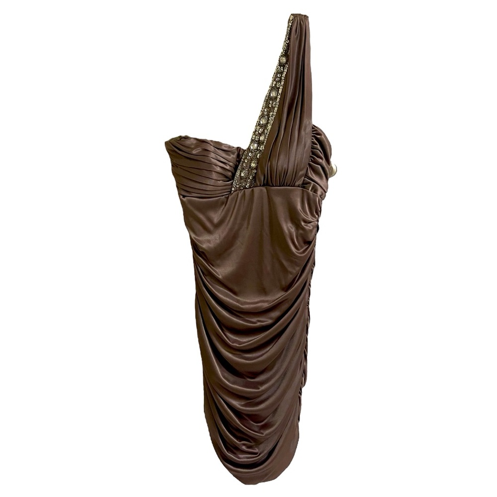M HAILEY LOGAN Adrianna Papell One Shoulder Dress Taupe Satin Ruched Embellished